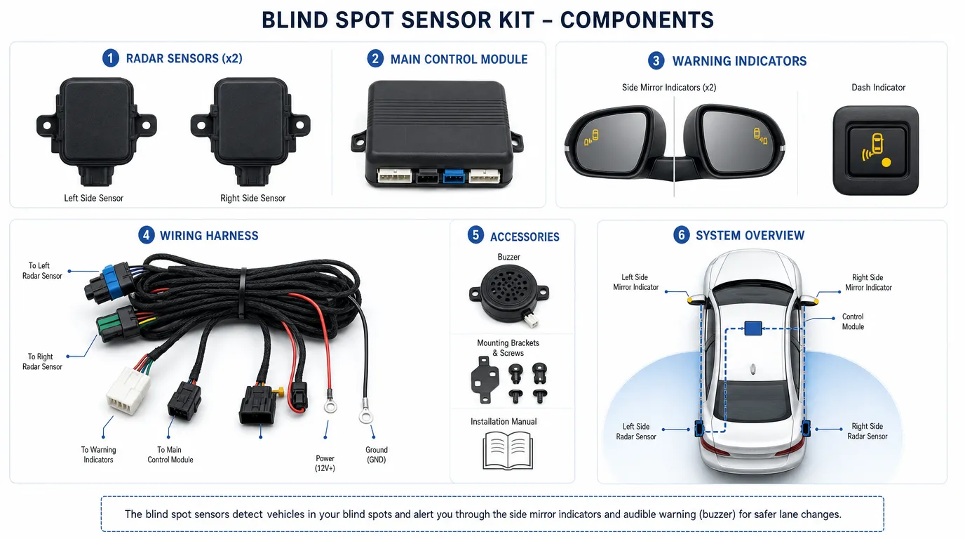 blind spot sensor kit components including radar sensors wiring and warning indicators