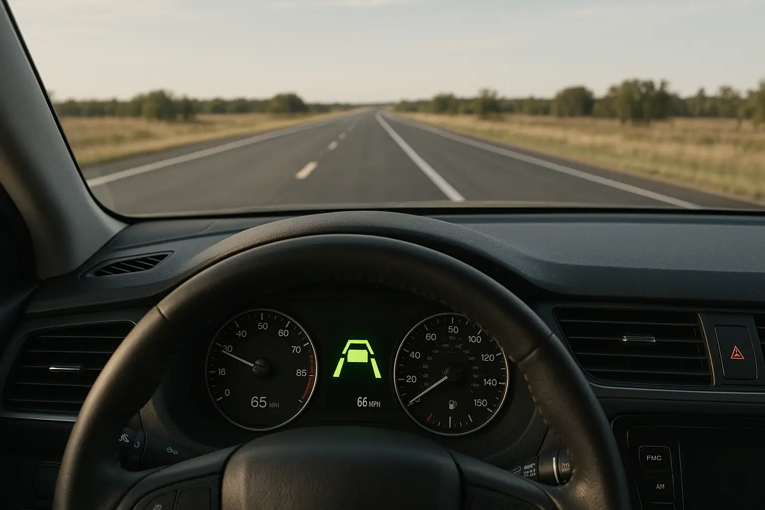 View from inside a car showing lane markings on the road and a lane departure warning symbol
