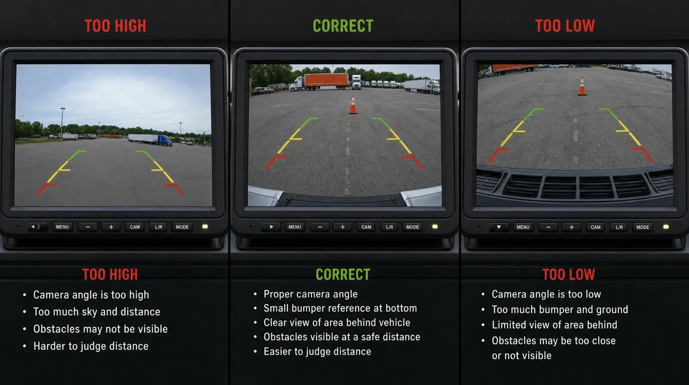 Backup camera angle too high, correct angle, and too low