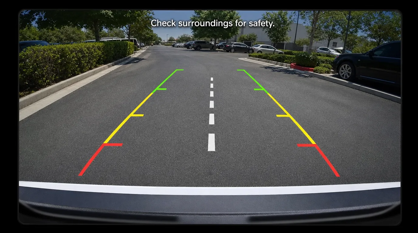 Backup camera view showing a small bumper reference at the bottom of the monitor