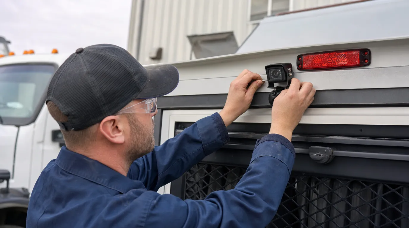 Technician adjusting backup camera angle on a commercial vehicle