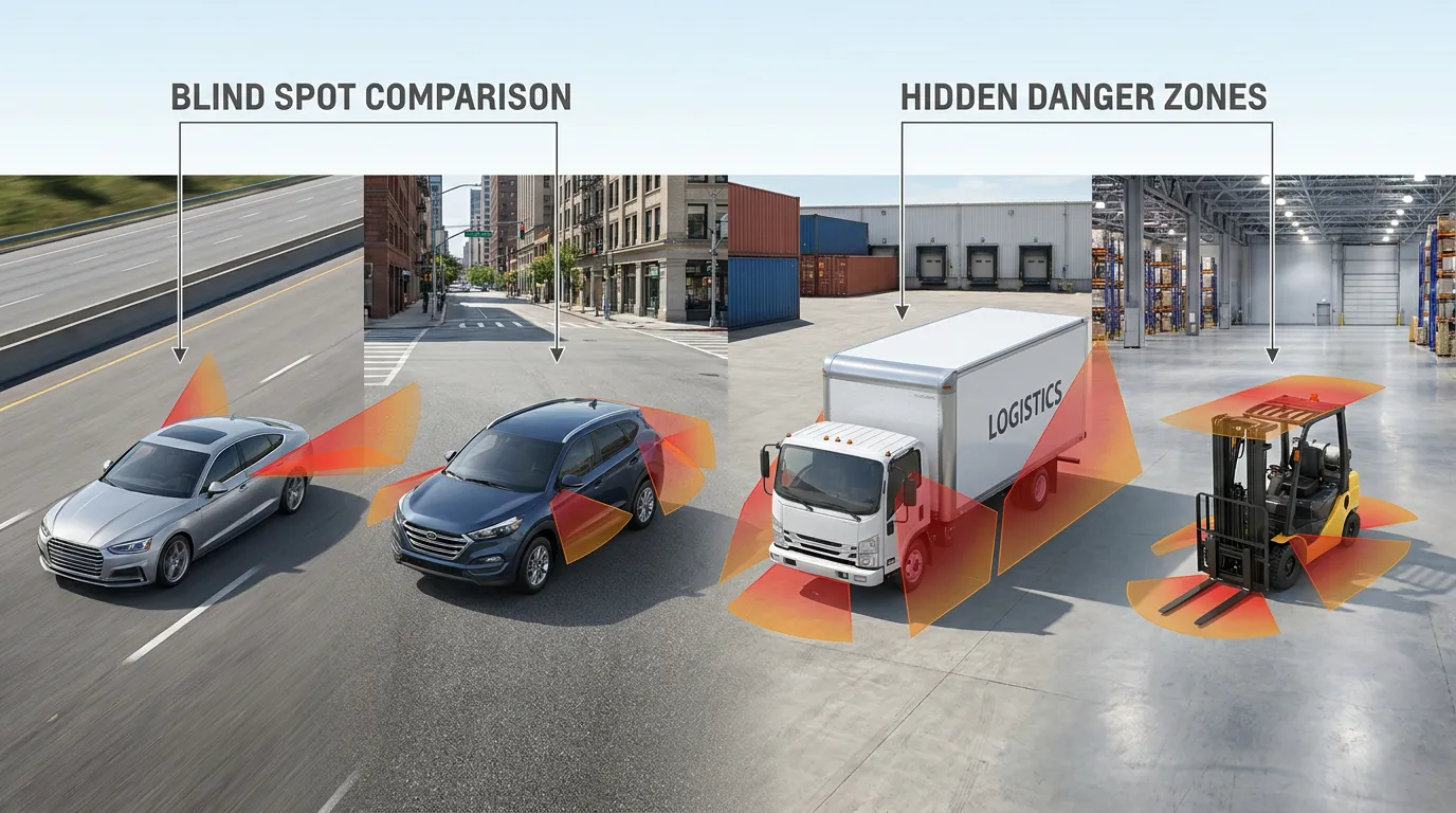 blind spots by vehicle type for cars SUVs trucks and industrial vehicles