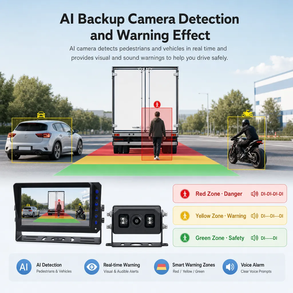 AI backup camera detection and warning effect with pedestrian warning zones