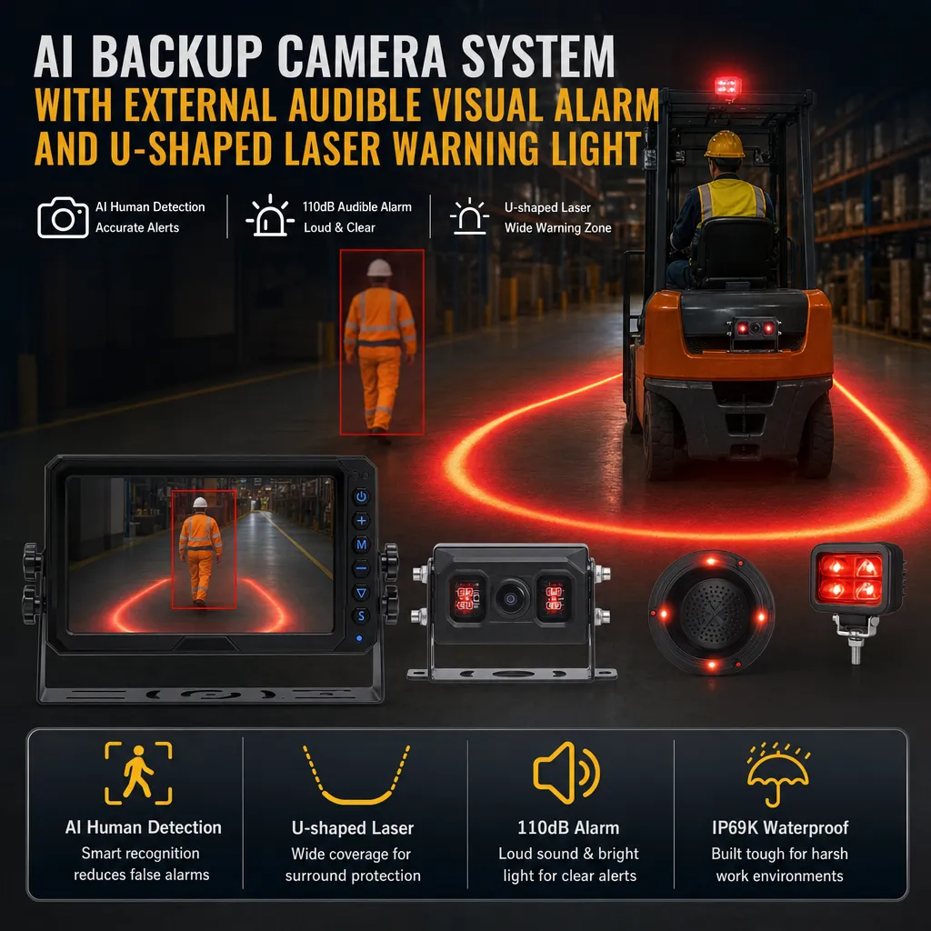 AI backup camera with external audible visual alarm and U-shaped laser warning light