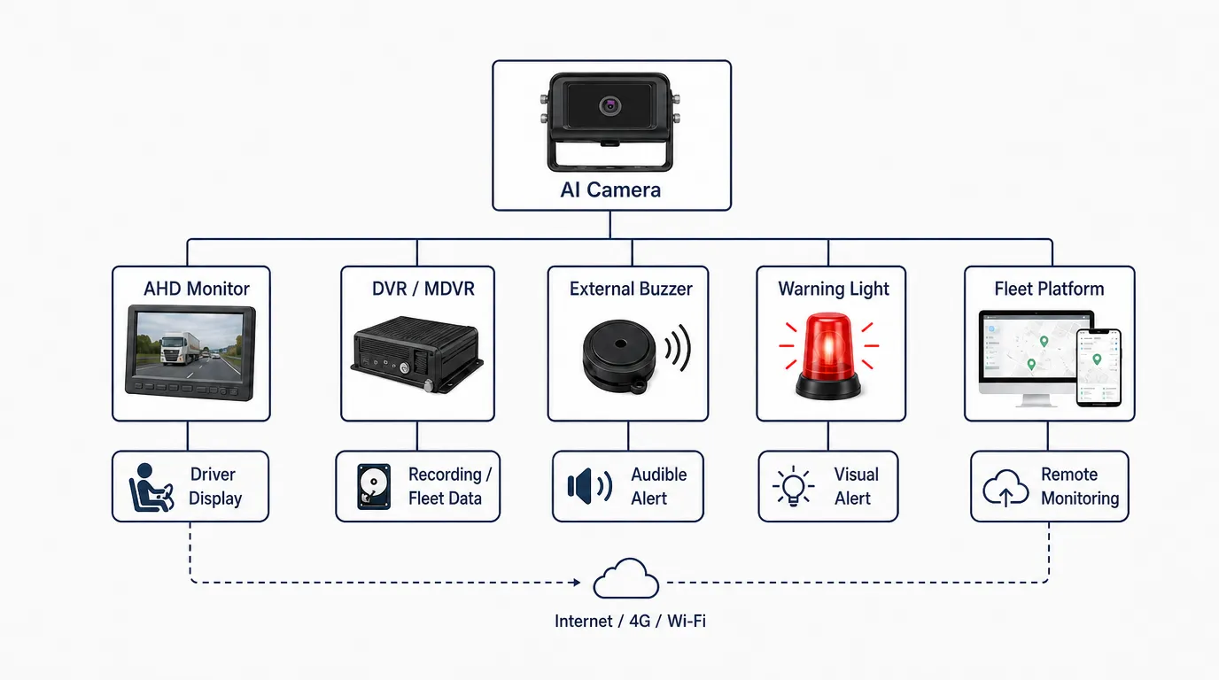 AI camera system integration diagram with monitor DVR and warning alarm