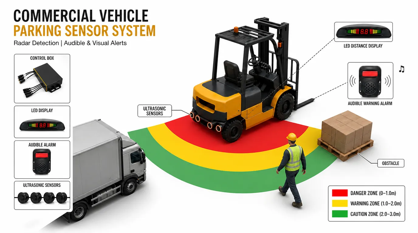 Ultrasonic radar detection sensor system applications for trucks forklifts and commercial vehicles