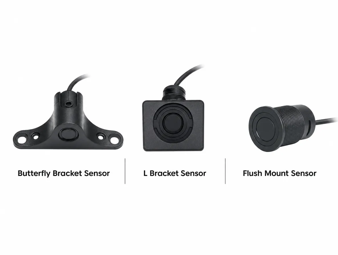 Ultrasonic radar sensor mounting options including butterfly bracket radar, L bracket radar and perforated radar for commercial vehicles