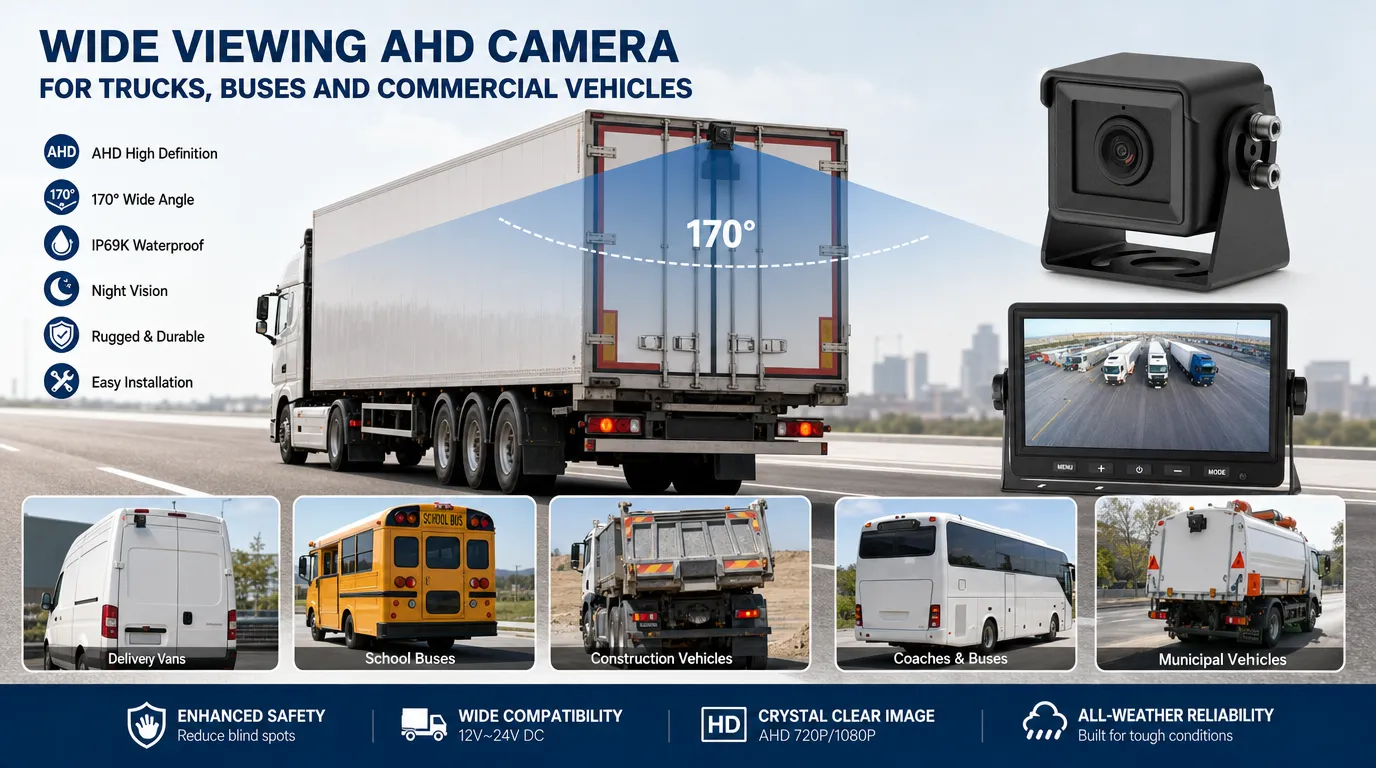 Wide viewing AHD camera for trucks buses and commercial vehicles