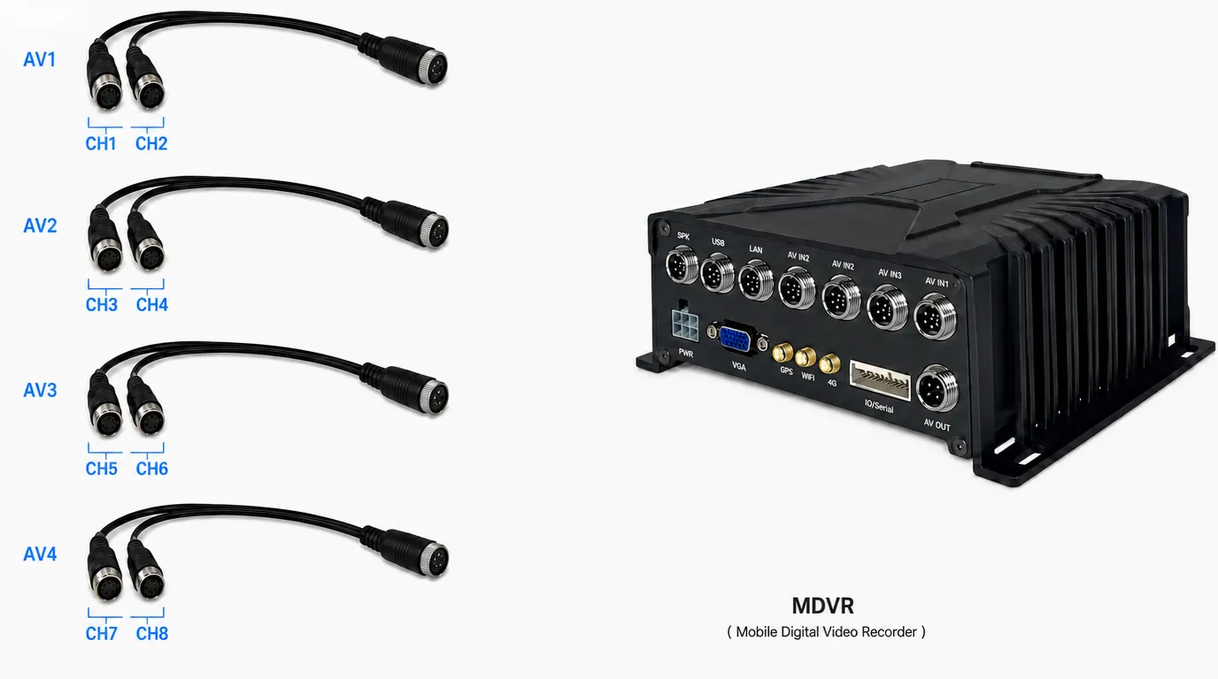 8-channel AI MDVR connection using four 1-to-2 aviation splitter harnesses