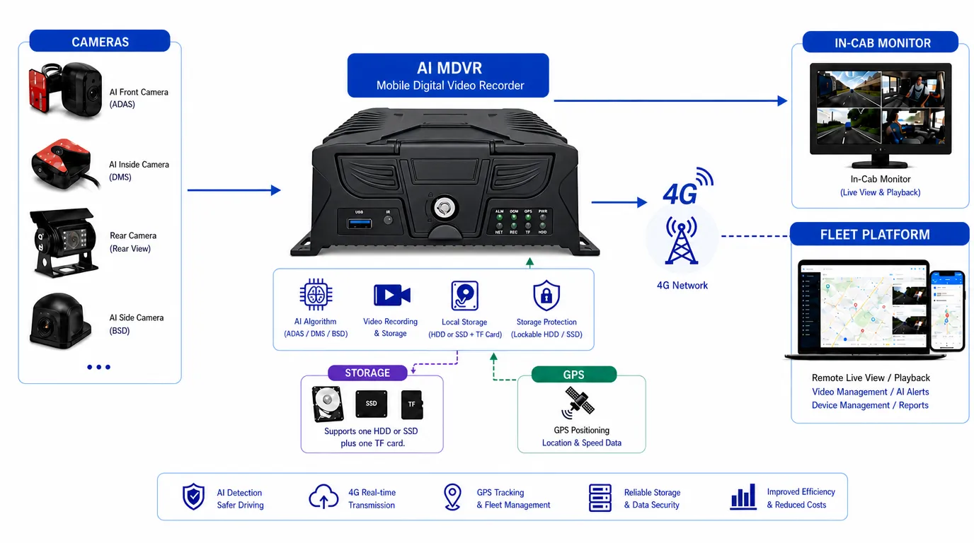 4G AI MDVR system workflow with cameras storage monitor GPS and fleet platform