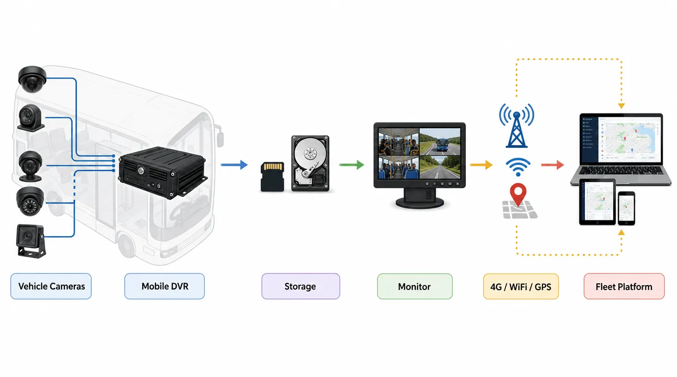 How mobile DVR system works with cameras storage monitor GPS and fleet platform