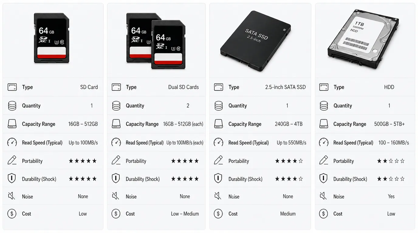 Mobile DVR storage options including SD card HDD and SSD