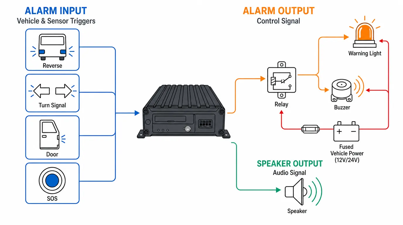 Comparison of mobile DVR alarm input, alarm output and speaker output signal directions