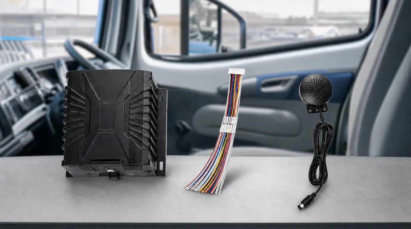 Mobile DVR with alarm I/O harness and external speaker installed in a commercial vehicle