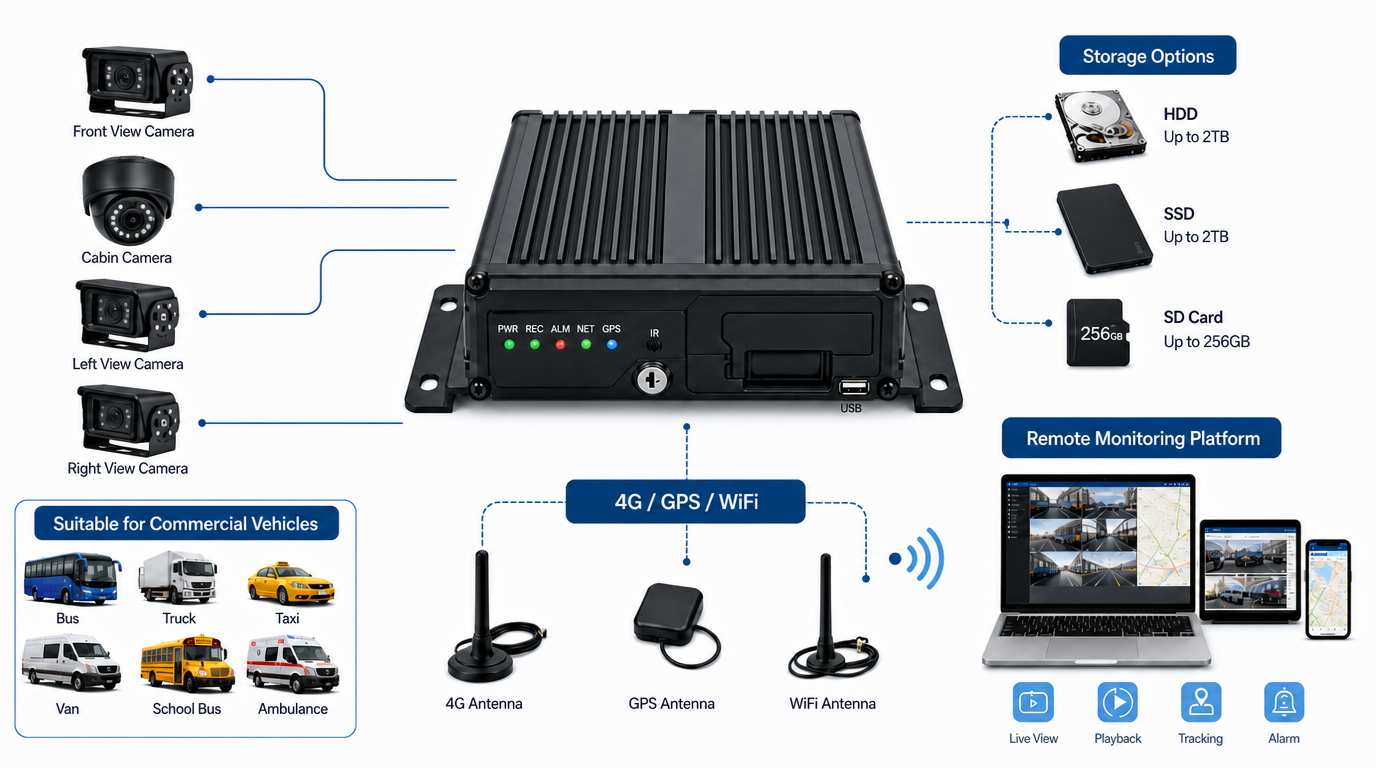 Mobile DVR system for commercial vehicles with cameras storage and remote monitoring