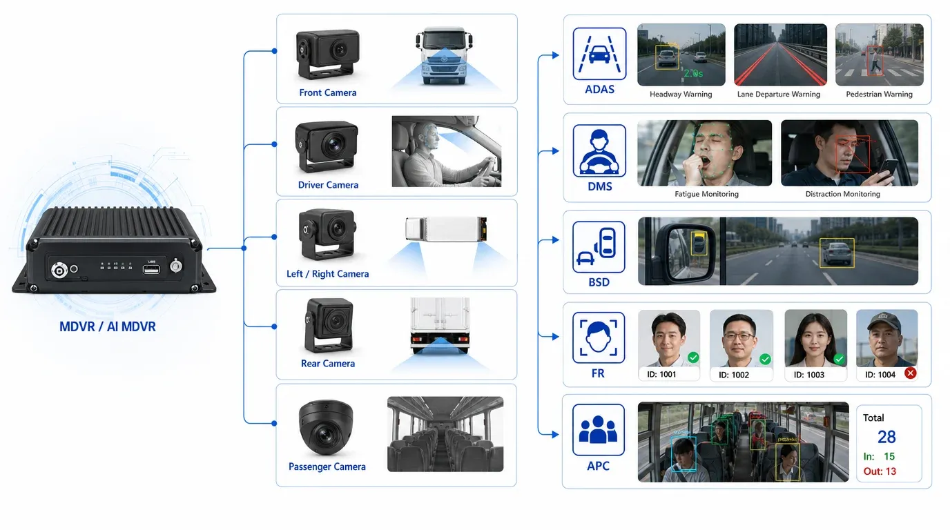 Optional AI safety functions for mobile DVR including ADAS DMS BSD FR and APC