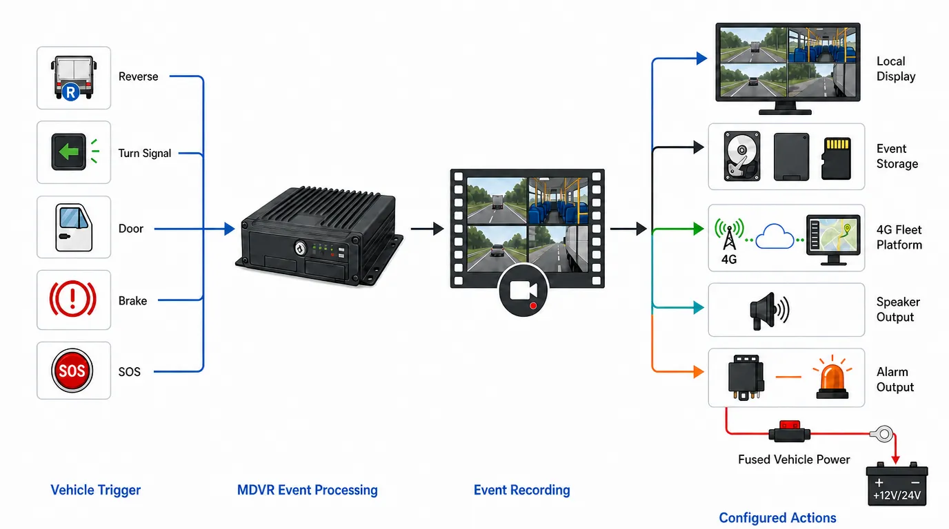Vehicle trigger to MDVR recording platform speaker and warning-light workflow