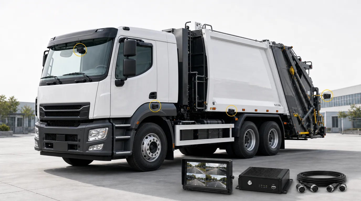 Garbage truck camera system with side, rear and loading-zone cameras, monitor and Mobile DVR