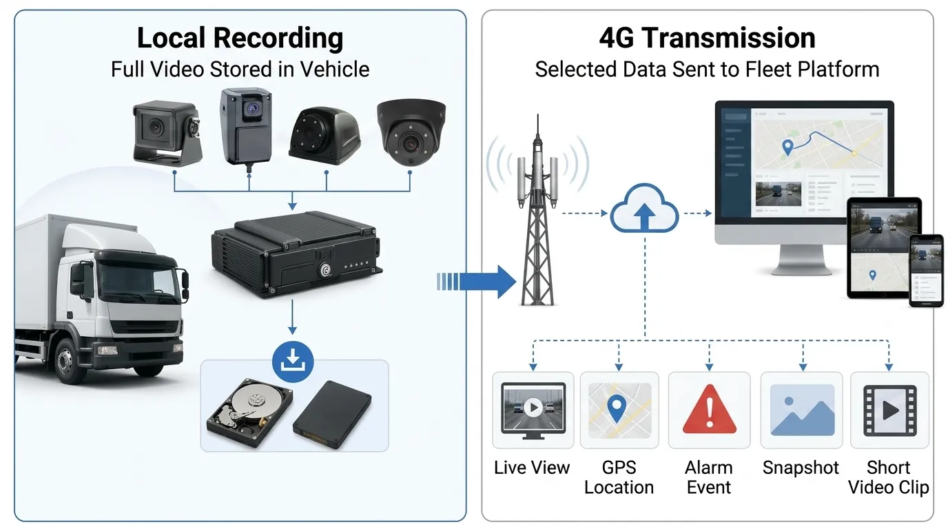 Comparison of full video stored inside a vehicle and selected video GPS and events transmitted through 4G